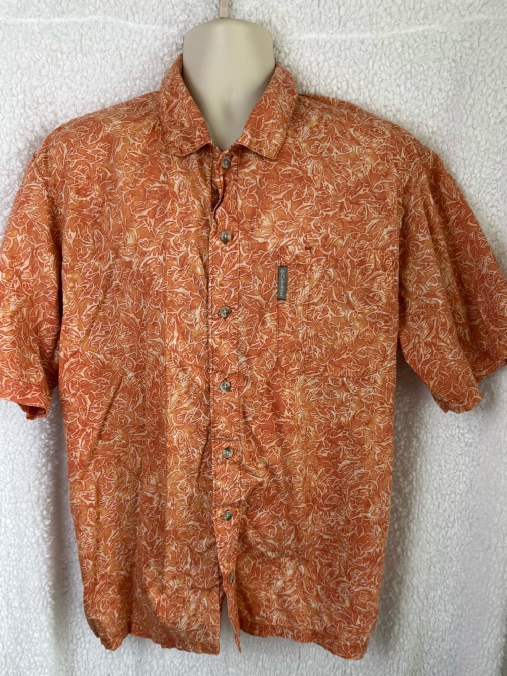 Columbia Mens Sportswear All Over Fish Orange Short-Sleeve Button-Up Shirt